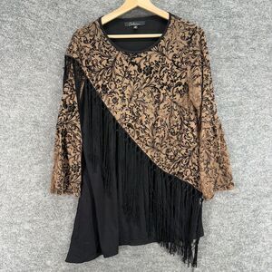 Caleooa Blouse Women M Medium Brown Floral Long Sleeve Fringe Lined Casual